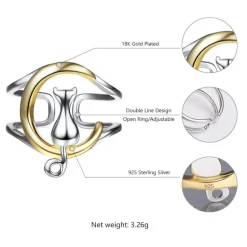 Two Tone Cat in the Moon Jewelry SET in solid 925 Silver for the Cat Lovers!