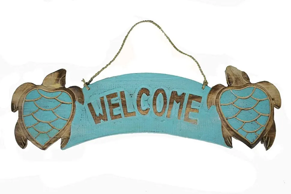 Two Turtle Hand Carved Wooden Welcome Sign Shabby Beach Decor