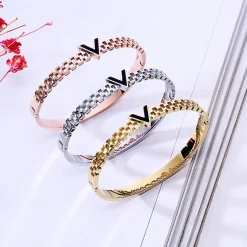 V is for Vegan Bangle Style Bracelet-Stainless Steel, White/Yellow/Rose Gold Plated