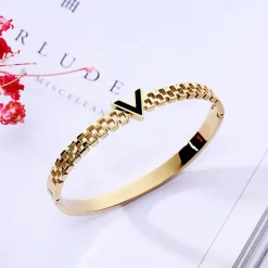 V is for Vegan Bangle Style Bracelet-Stainless Steel, White/Yellow/Rose Gold Plated