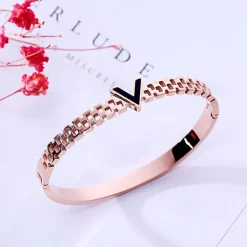 V is for Vegan Bangle Style Bracelet-Stainless Steel, White/Yellow/Rose Gold Plated