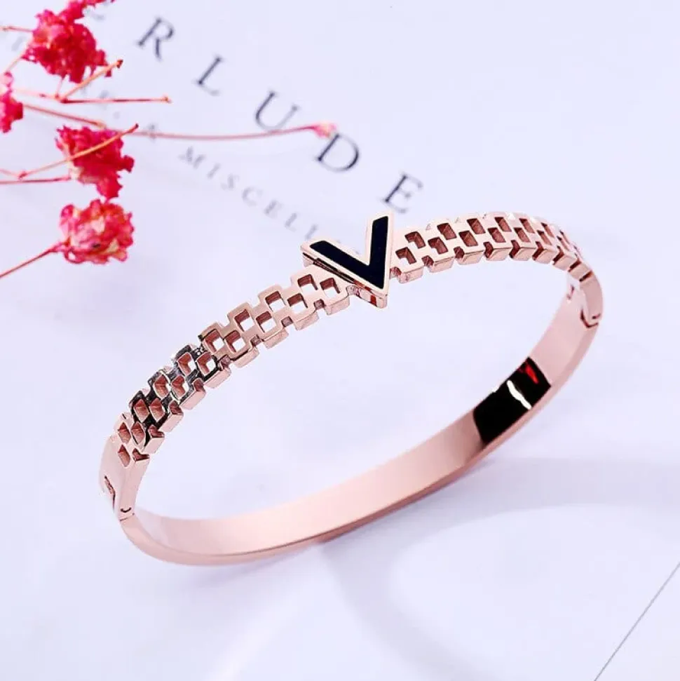 V is for Vegan Bangle Style Bracelet-Stainless Steel, White/Yellow/Rose Gold Plated
