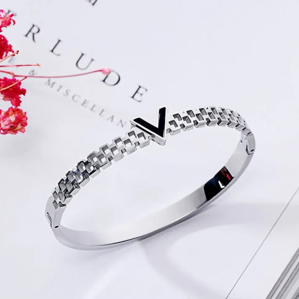 V is for Vegan Bangle Style Bracelet-Stainless Steel, White/Yellow/Rose Gold Plated