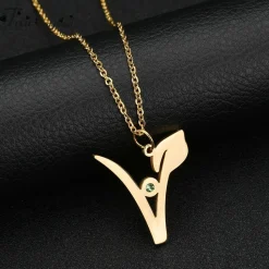 V Stainless Steel Pendant with Green Stone, Rose, White or Yellow Gold Plated