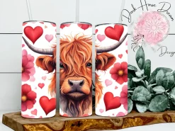 Valentine Hearts and Flowers Highland Cow Skinny Tumbler