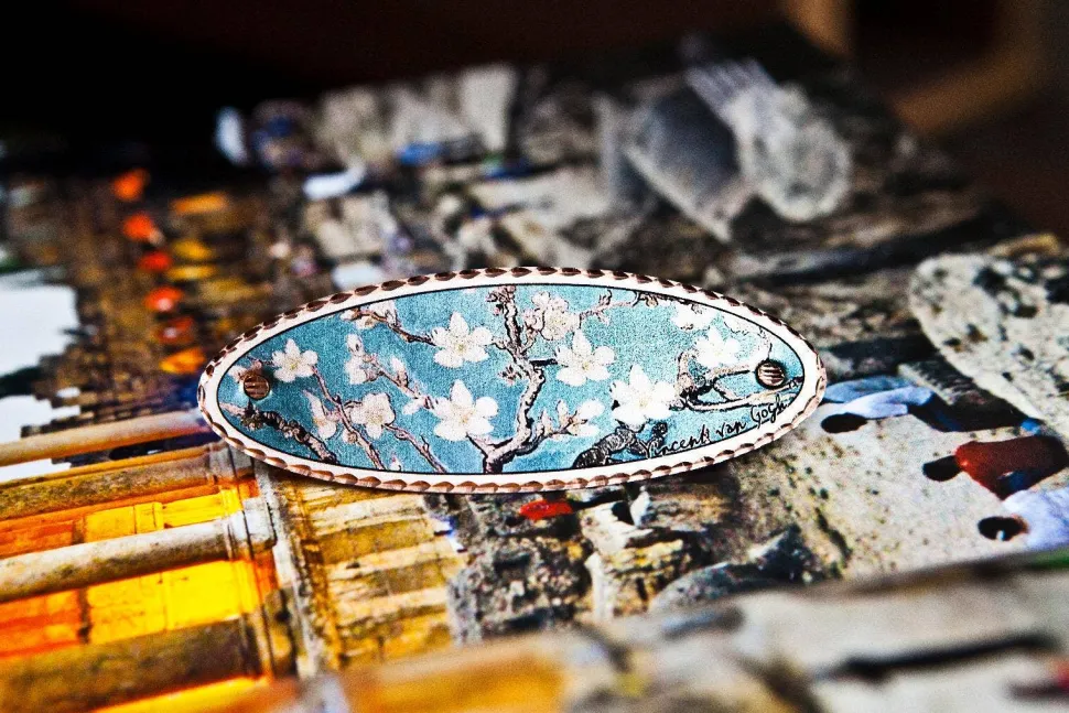 Van Gogh Almond Blossom and Sunflower Copper Barrettes, Handmade in the USA