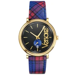 Versace Circle the Clans Gold IP Watch W/ Blue Tartan Strap 42mm