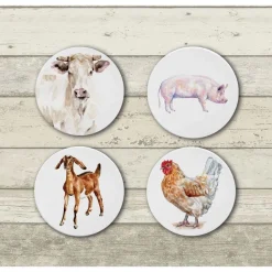 Watercolor Farm Animals Ceramic Coaster Set-Pig, Cow, Hen, Goat