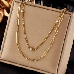 Waterproof Necklaces Dragonfly, Sunflower, Double Strands, Stainless Steel Gold PVD