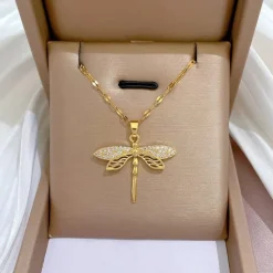 Waterproof Necklaces Dragonfly, Sunflower, Double Strands, Stainless Steel Gold PVD