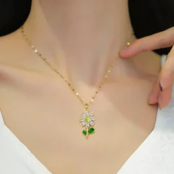 Waterproof Necklaces Dragonfly, Sunflower, Double Strands, Stainless Steel Gold PVD