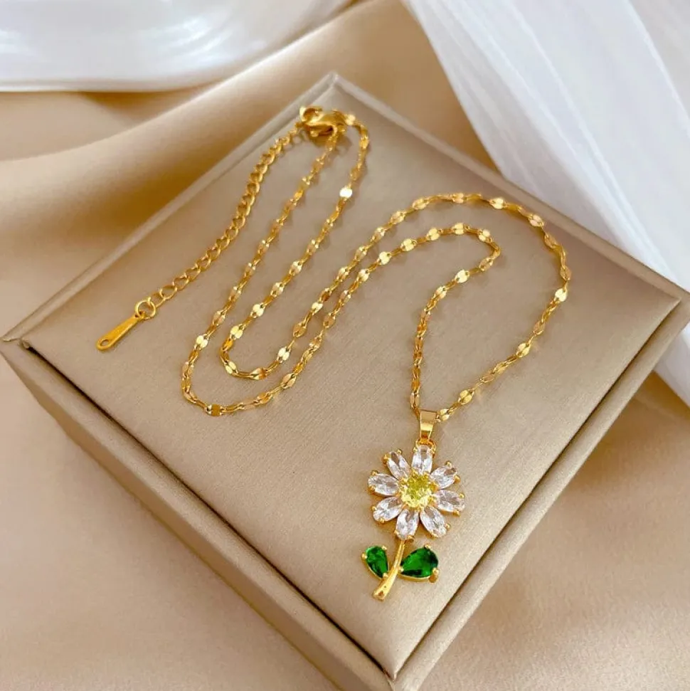 Waterproof Necklaces Dragonfly, Sunflower, Double Strands, Stainless Steel Gold PVD