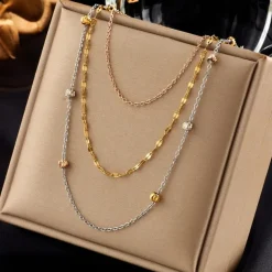 Waterproof Necklaces Dragonfly, Sunflower, Double Strands, Stainless Steel Gold PVD