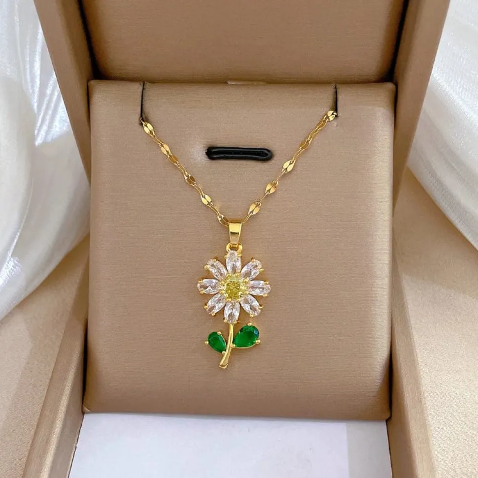 Waterproof Necklaces Dragonfly, Sunflower, Double Strands, Stainless Steel Gold PVD