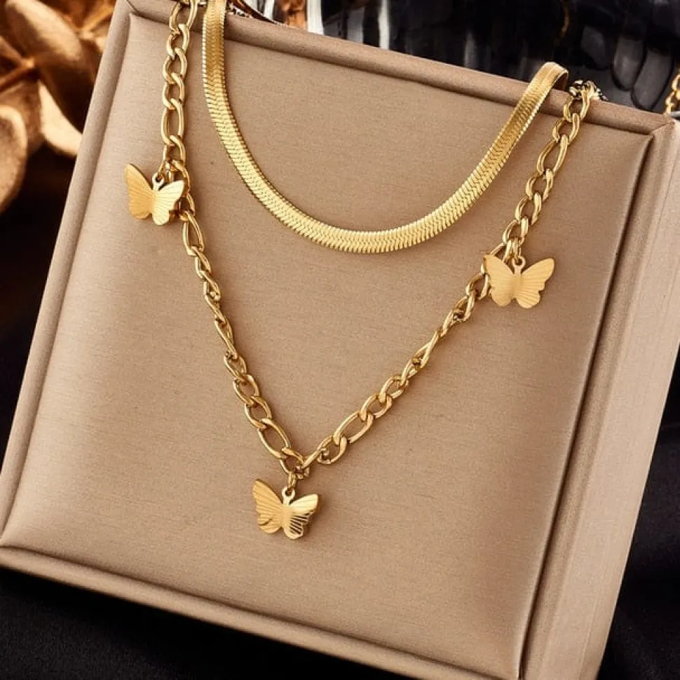 Waterproof Necklaces Dragonfly, Sunflower, Double Strands, Stainless Steel Gold PVD