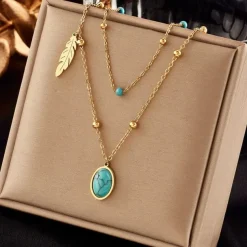 Waterproof Necklaces Dragonfly, Sunflower, Double Strands, Stainless Steel Gold PVD