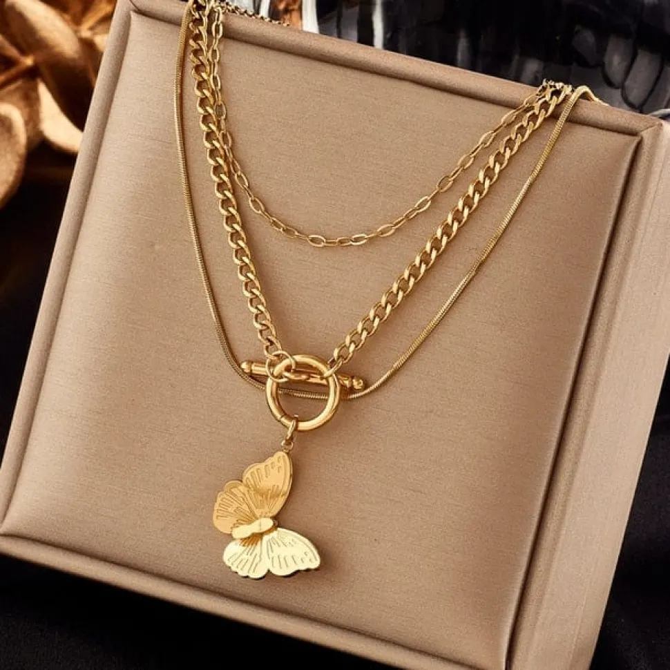 Waterproof Necklaces Dragonfly, Sunflower, Double Strands, Stainless Steel Gold PVD