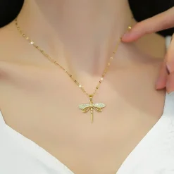 Waterproof Necklaces Dragonfly, Sunflower, Double Strands, Stainless Steel Gold PVD