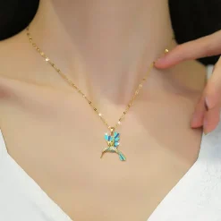 Waterproof Necklaces Dragonfly, Sunflower, Double Strands, Stainless Steel Gold PVD