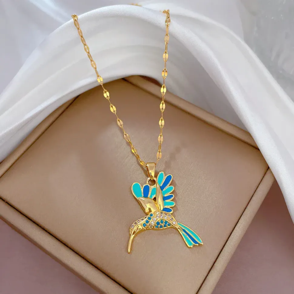 Waterproof Necklaces Dragonfly, Sunflower, Double Strands, Stainless Steel Gold PVD