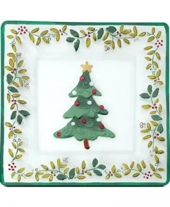 Winterberry Square Glass Christmas Tree Platter Crafted of High Quality Pressed Glass Imported