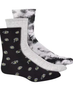 Women's 3pk Crew Socks Jenni Daisy & Tie-Dyed Neutral Color Ribbed Cuff
